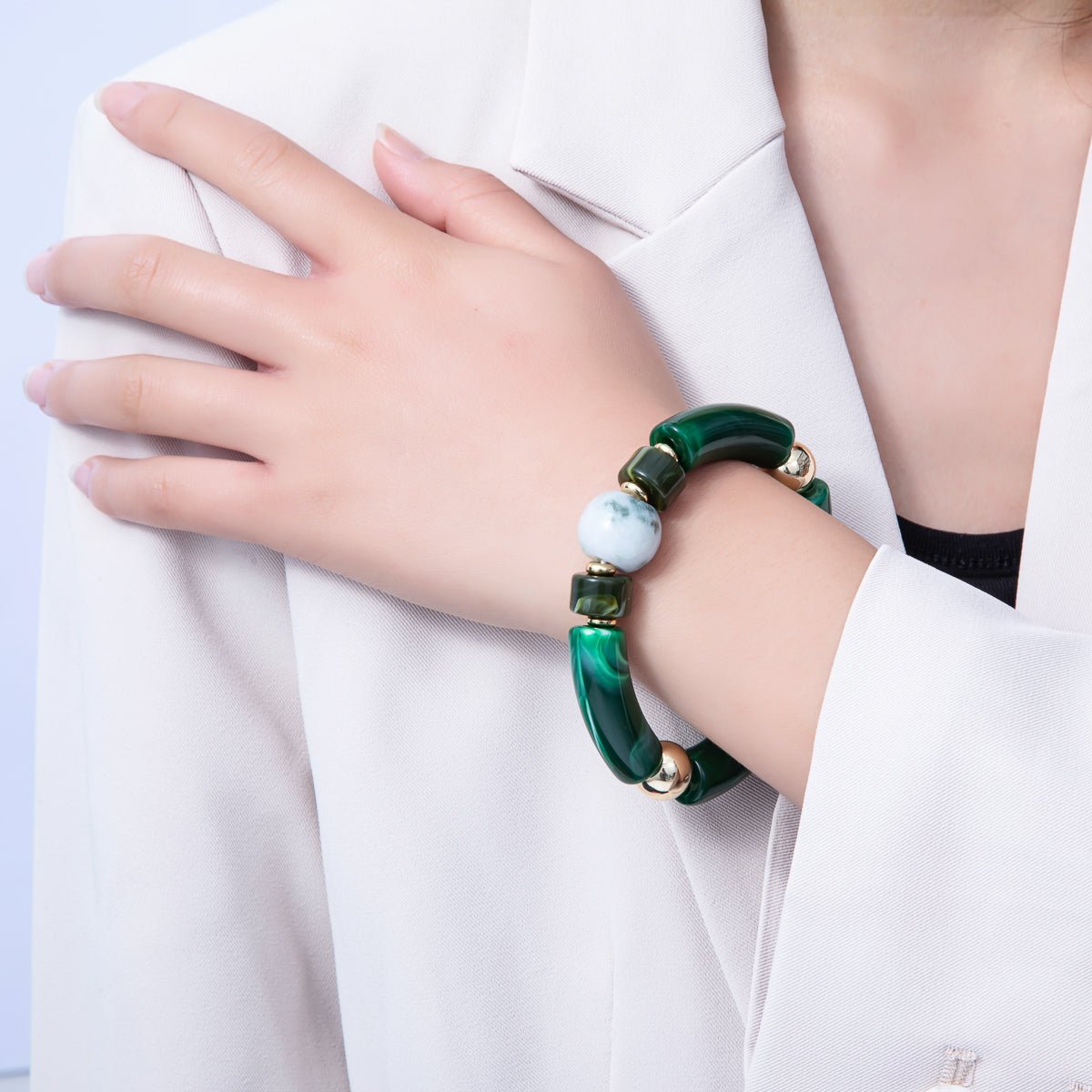 6mm Green Malachite, Peridot Gemstone Bead Stretch Bracelet | WA-03973
