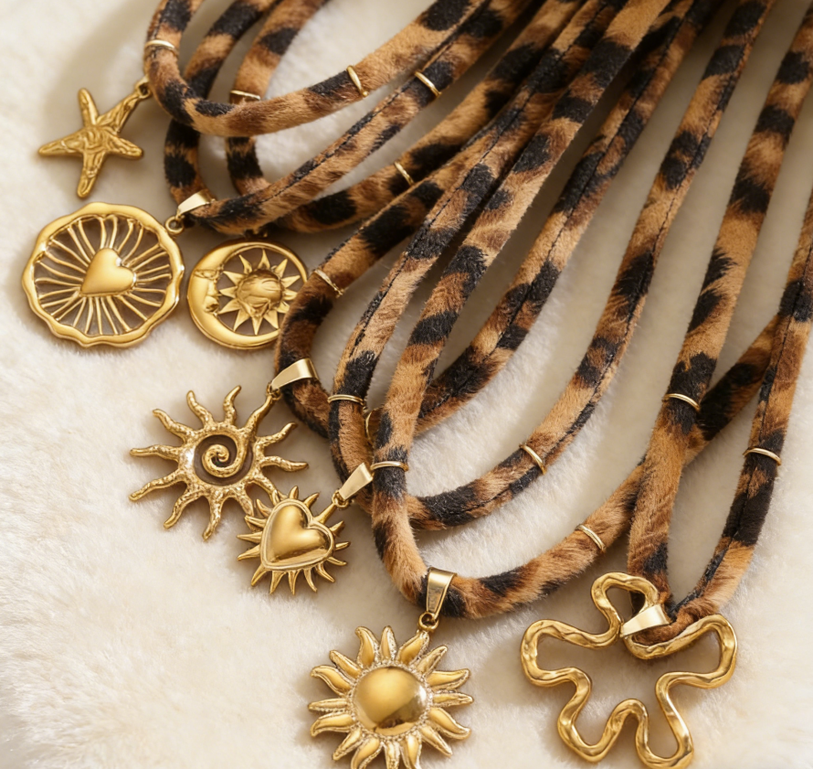 Leopard Print Ribbon Necklace with Sun &amp; Gecko Charms