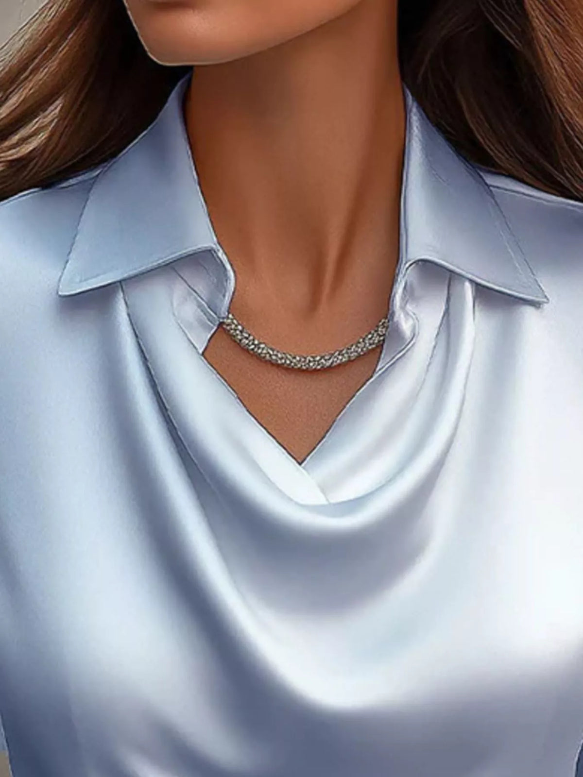 Full Size Satin Cowl Neck Long Sleeve Blouse Plus Size