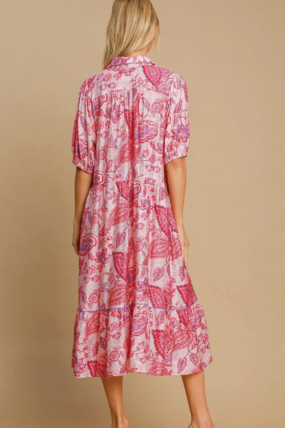 Umgee Full Size Ruffled Hem Floral Paisley Print Half Sleeve Midi Dress Plus Size