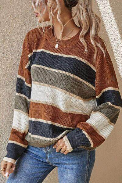 Contrast Striped Round Neck Long Sleeve Sweater for Women