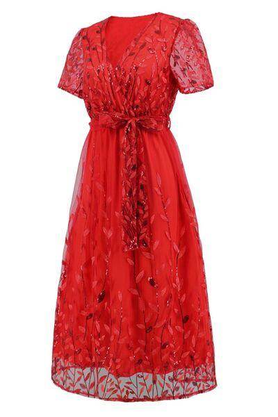 Sequin Leaf Embroidery Tie Front Short Sleeve Dress for Women