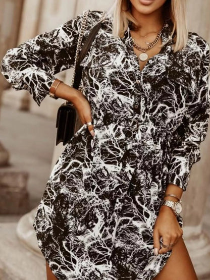 Printed Button Front Long Sleeve Dress