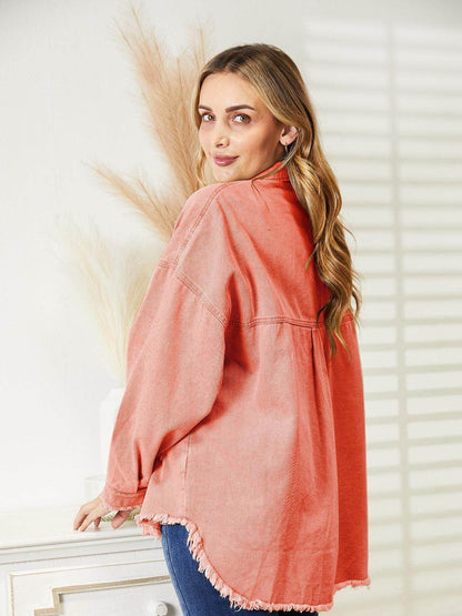 Distressed Raw Hem Denim Jacket for Relaxed Fit Style