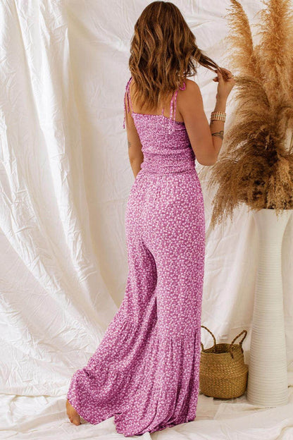 Smocked Printed Wide Strap Jumpsuit for Women Fashion