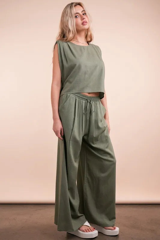 VERY J Solid Woven Top &amp; Pants Set