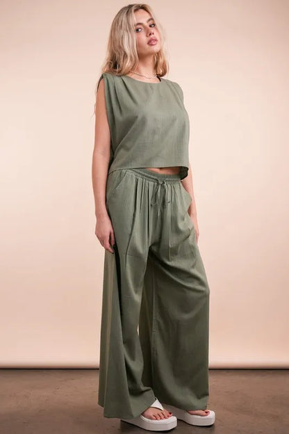 VERY J Solid Woven Top &amp; Pants Set