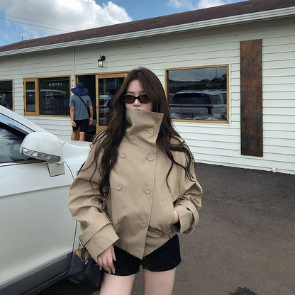 Double-breasted British-style Short Trench Coat With A Stand-up Collar For Women