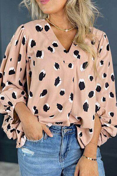Contrast Animal Print V-Neck Long Sleeve Blouse for Women