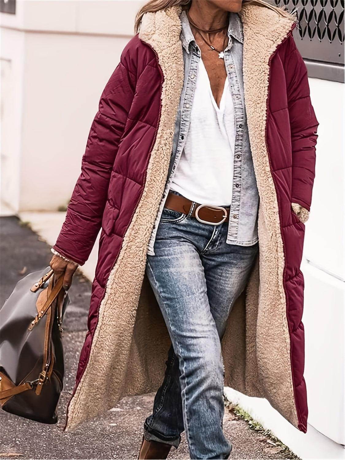 Full Size Zip Up Sherpa Hooded Coat for Women and Plus Size
