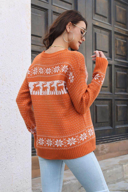 Reindeer &amp; Snowflake Pattern Dropped Shoulder Pullover Sweater
