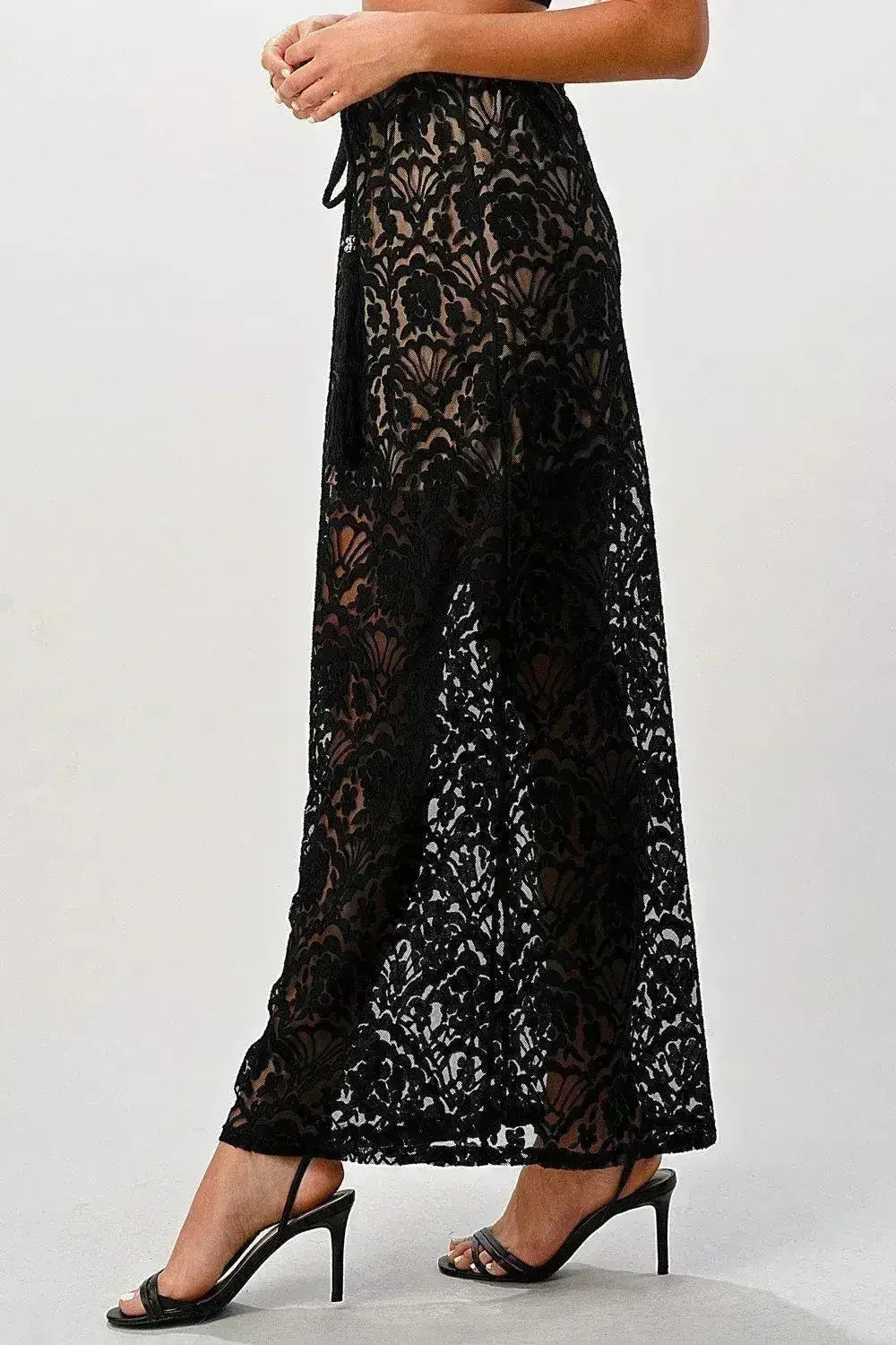 Sheer Lace Maxi Skirt - Drawstring Waist &amp; Bow | Femstylo