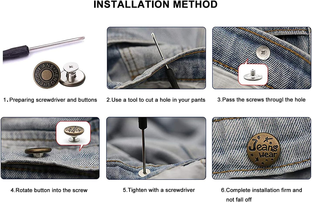 15 Sets of Jeans Buttons, 17mm No-Sew Nailess Removable Metal Jeans Button Replacement Repair Combo Thread Rivets and Screwdrivers