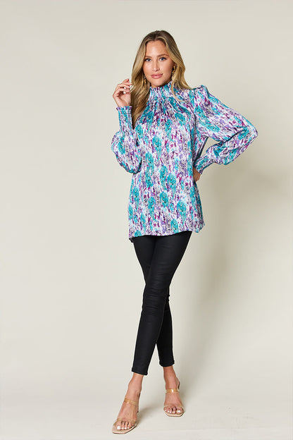 Semi-Sheer Smocked Top with Long Sleeves &amp; Frills
