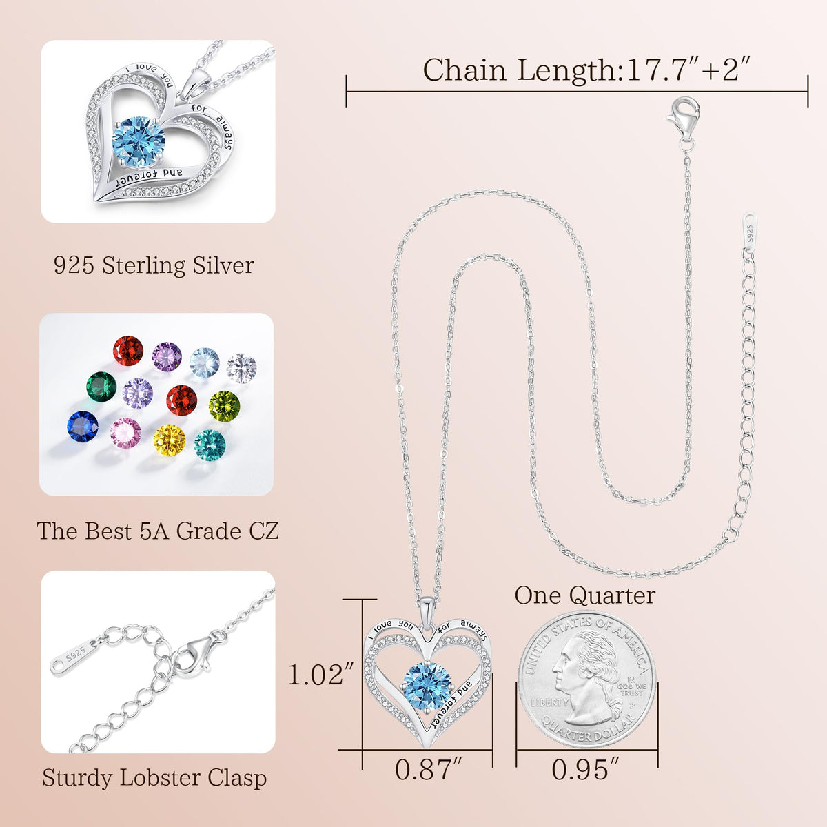Personalized Double Heart Birthstone Necklace for Women – Sterling Silver Gift