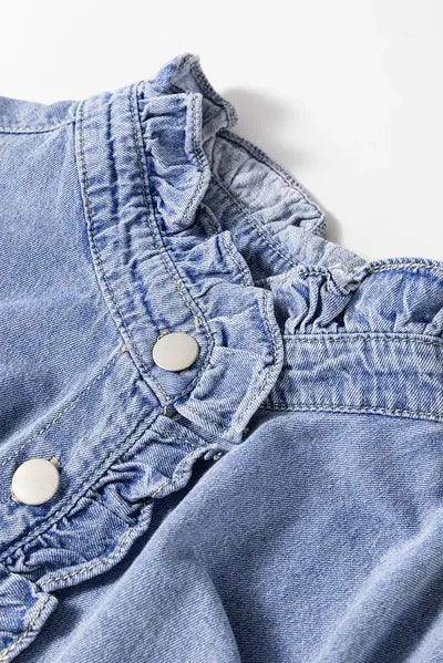 Frill Button Up Long Sleeve Denim Top for Stylish Women