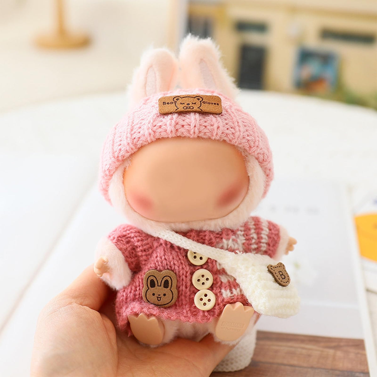 3 Piece Handmade Crochet Outfit for 17cm Dolls - Heart Sweater Hat &amp; Bag Set