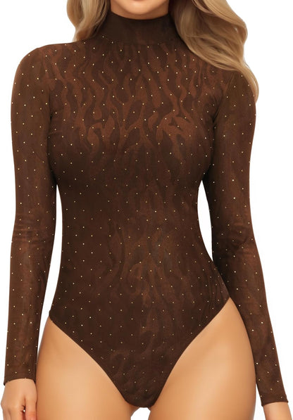 Mock Turtleneck Bodysuit - Long Sleeve Fitted Top with Snap Closure