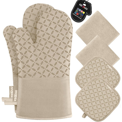 KEGOUU Oven Mitts and Pot Holders 6pcs Set, Kitchen Oven Glove High Heat Resistant 500 Degree Extra Long Oven Mitts and Potholder with Non-Slip Silicone Surface for Cooking (Gray)