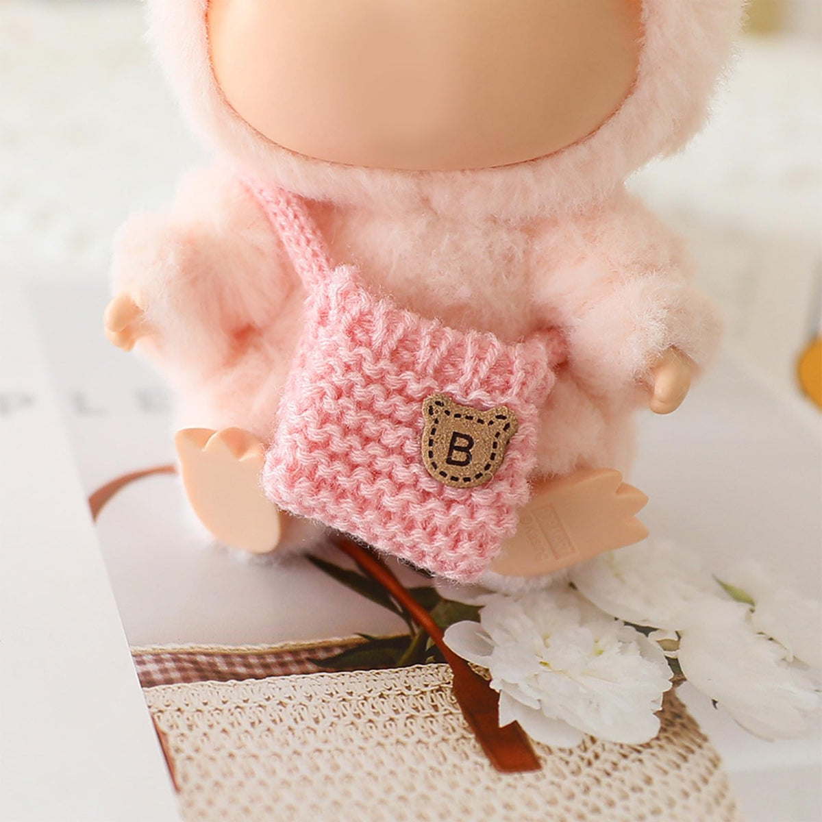 3 Piece Handmade Crochet Outfit for 17cm Dolls - Heart Sweater Hat &amp; Bag Set