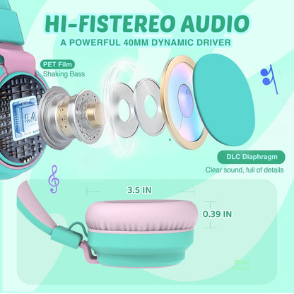 Kids Headphones Volume Limited 85/94dB - Wired Over-Ear Foldable Headset with Microphone Pink