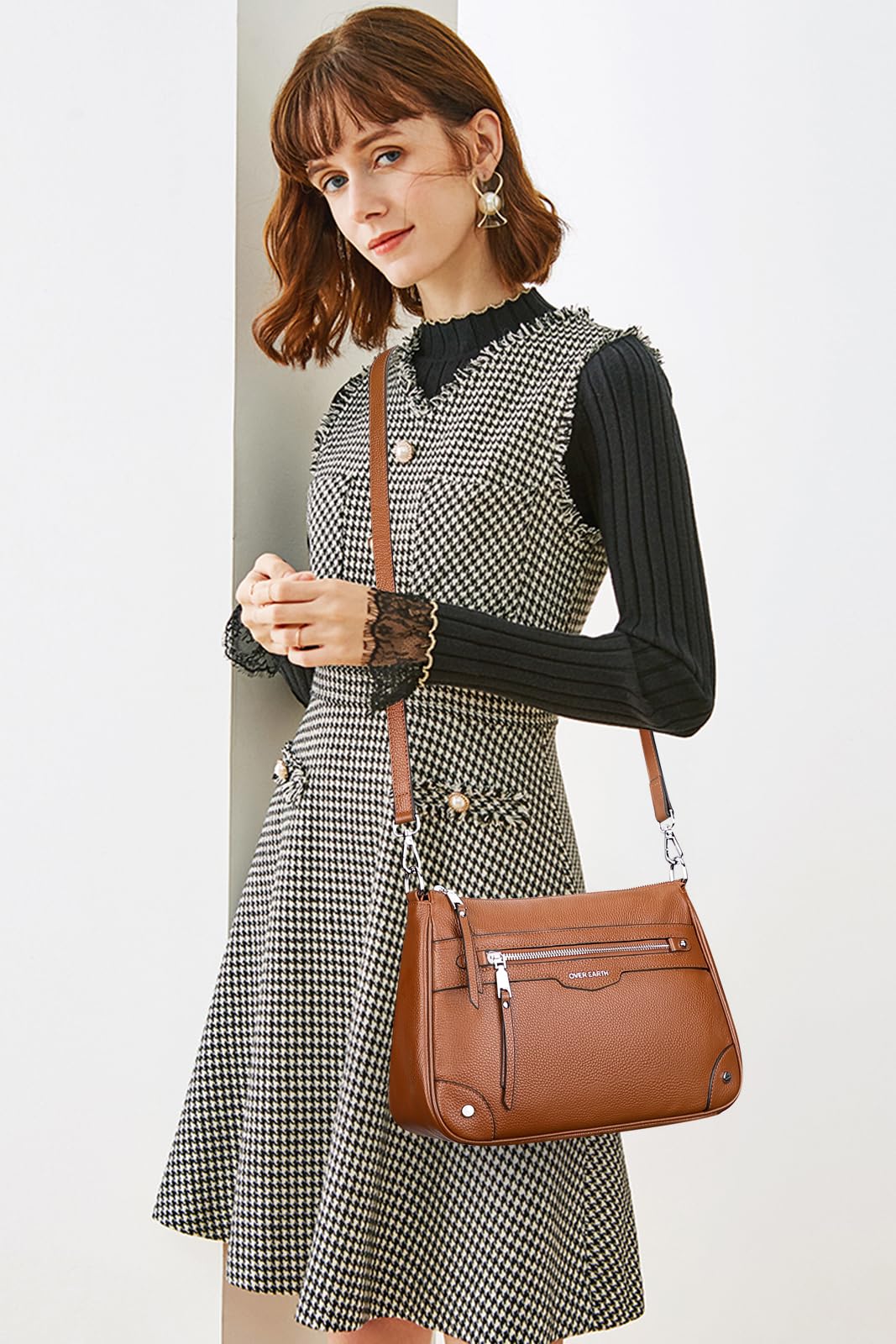 Over Earth Soft Genuine Leather Crossbody Bags for Women Medium Shoulder Purses Hobo Handbags with Multi Pockets