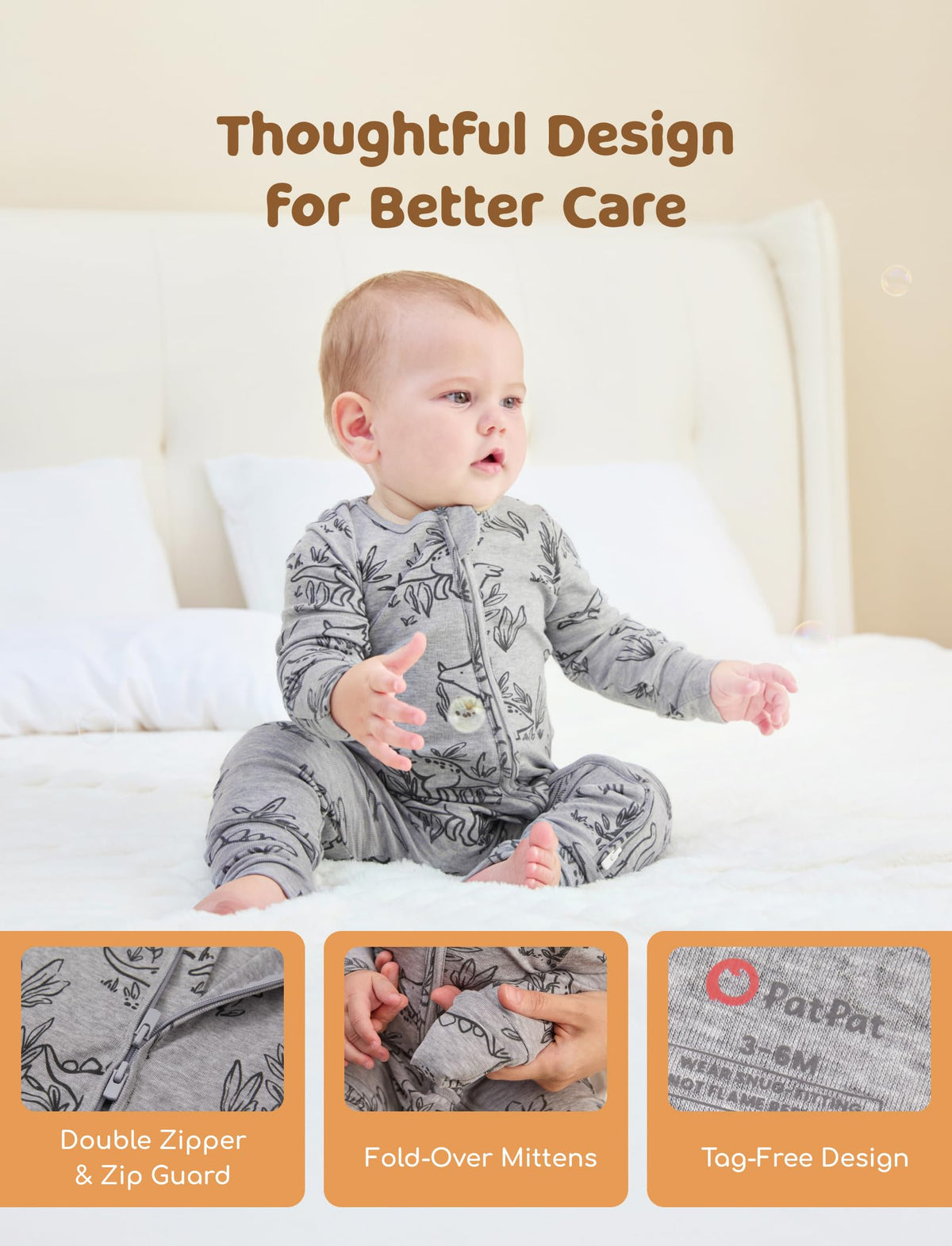 PATPAT Baby Footie Pajamas - Premium Tencel Lyocell &amp; Wool Romper with 2-Way Zipper