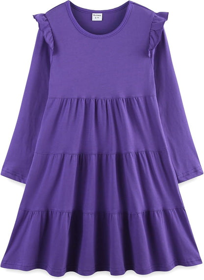 Girls Cotton Dress - Ruffle Sleeve Tiered A-Line Midi Sundress