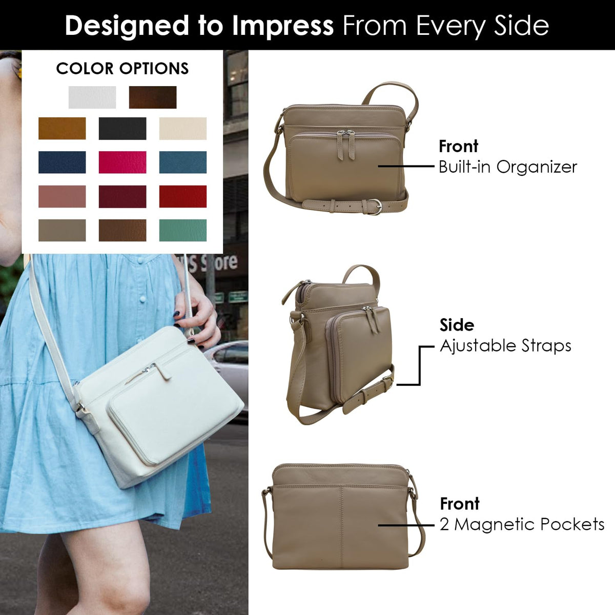 ili New York Genuine Leather Crossbody Bags for Women - Premium RFID Blocking Shoulder Bag Organizer with Adjustable Strap