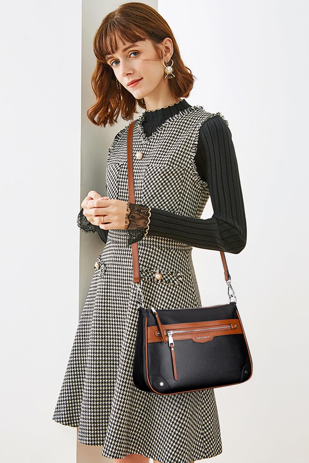 Over Earth Soft Genuine Leather Crossbody Bags for Women Medium Shoulder Purses Hobo Handbags with Multi Pockets
