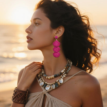 Raffia Dangle Earrings for Women - Boho Statement Rattan Drop Jewelry with Shell Design, Lightweight Summer Beach Trendy Accessories