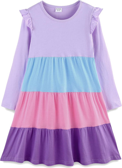 Girls Cotton Dress - Ruffle Sleeve Tiered A-Line Midi Sundress