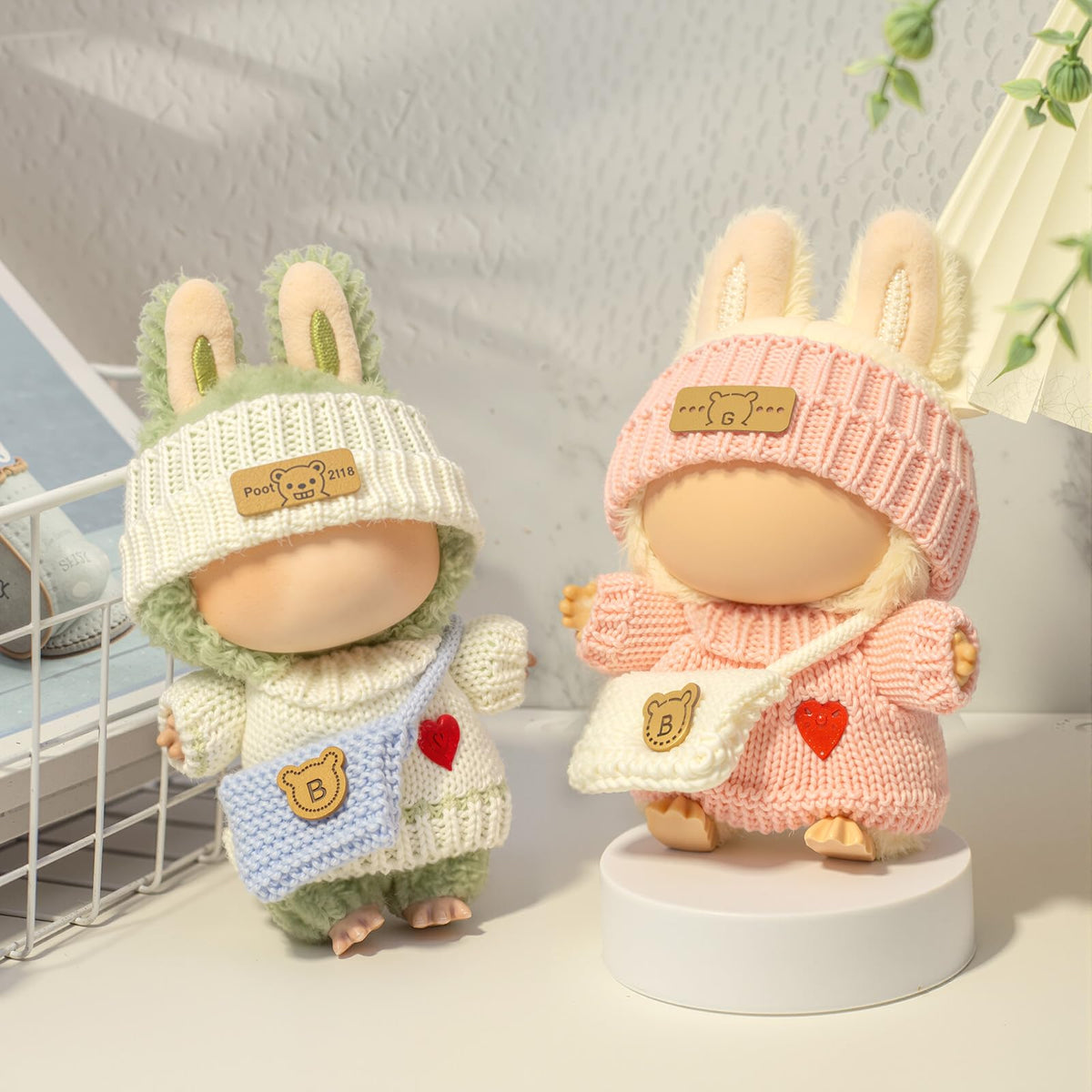 3 Piece Handmade Crochet Outfit for 17cm Dolls - Heart Sweater Hat &amp; Bag Set