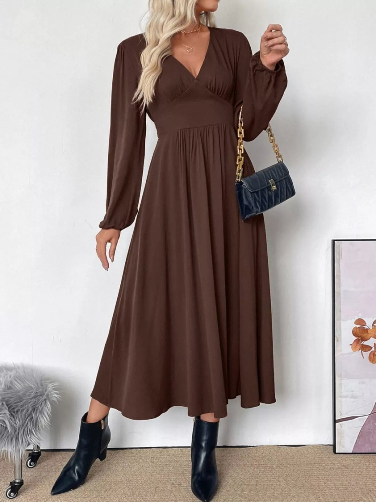 V-Neck Long Sleeve A-Line Midi Dress