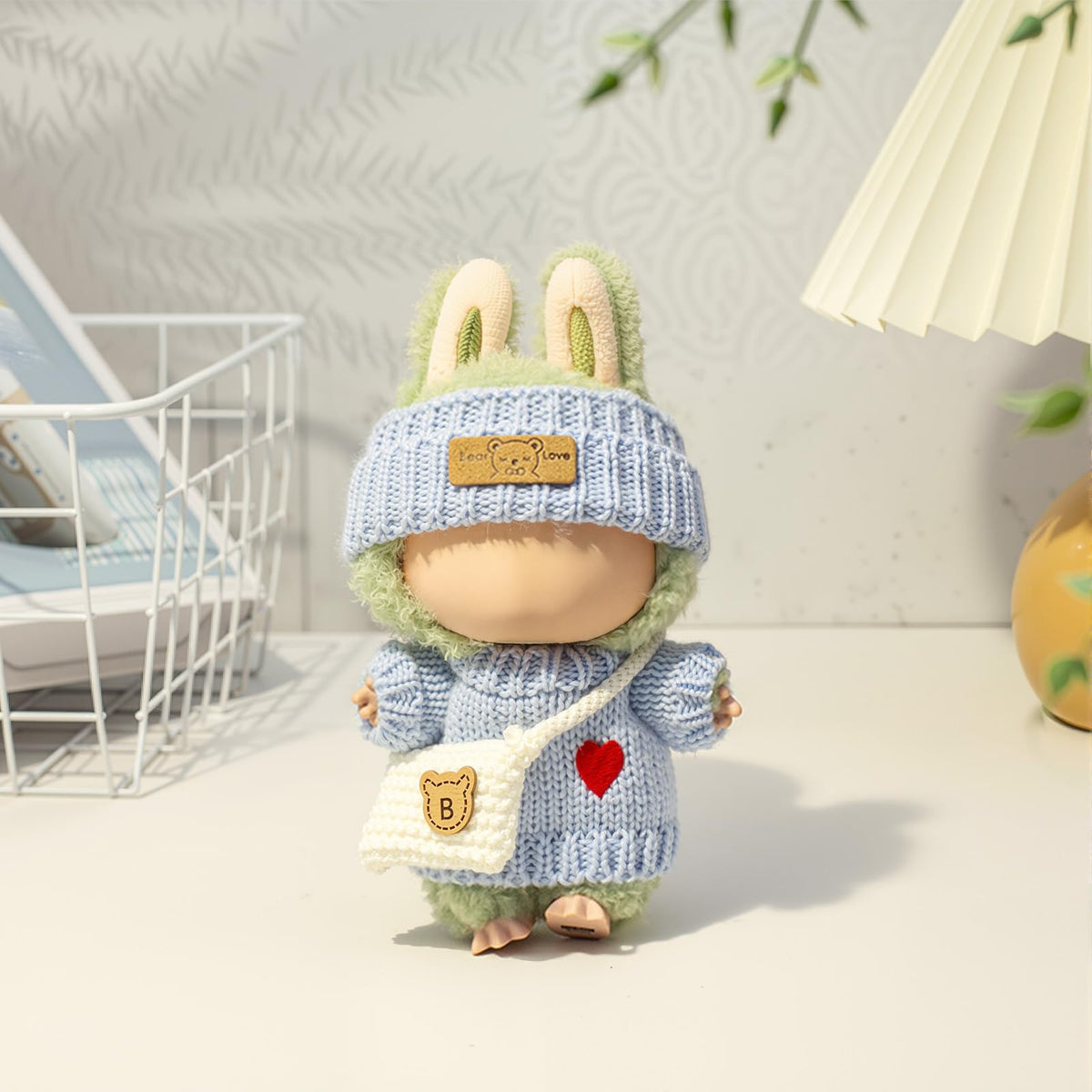 3 Piece Handmade Crochet Outfit for 17cm Dolls - Heart Sweater Hat &amp; Bag Set