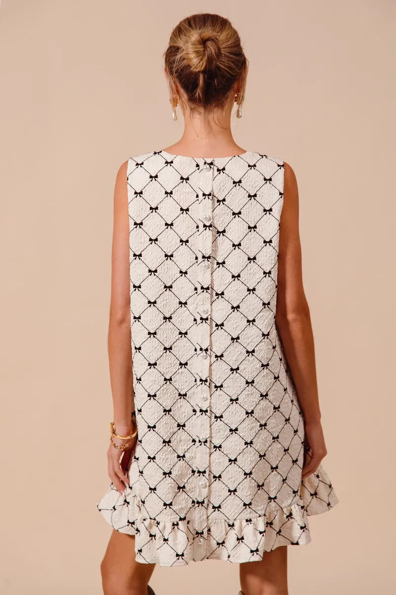 SO ME Texture Bow Printed Mini Ruffle Dress