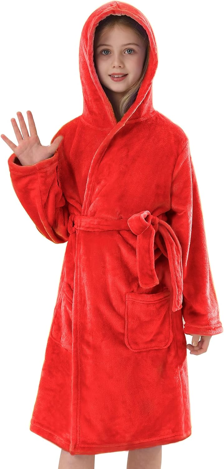 Girls Hooded Fleece Bathrobe - Soft Plush Warm Robe for Kids 3-14 Years