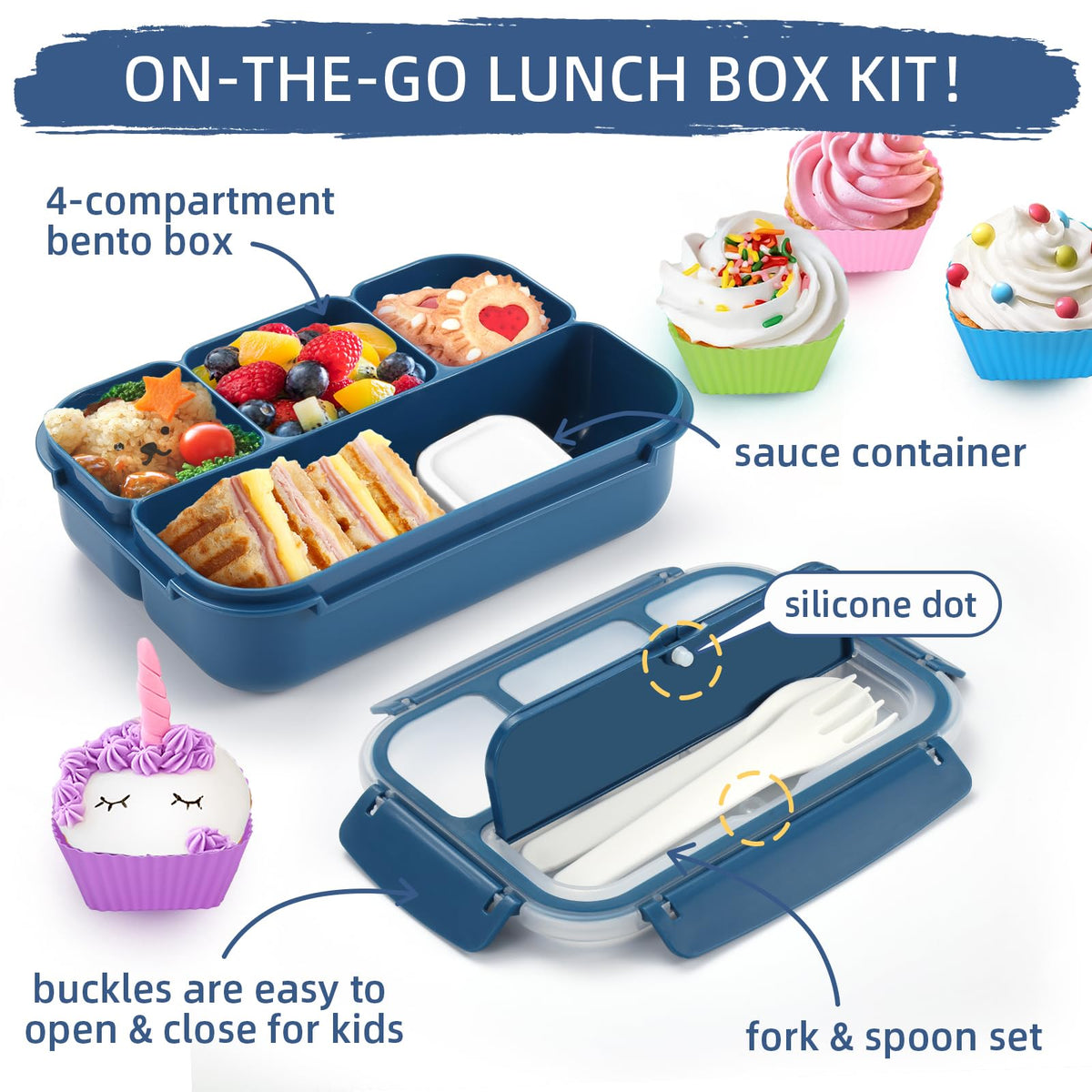Bento Lunch Box for Kids - 4 Compartment Leak-Proof School Lunch Container with Utensils Purple