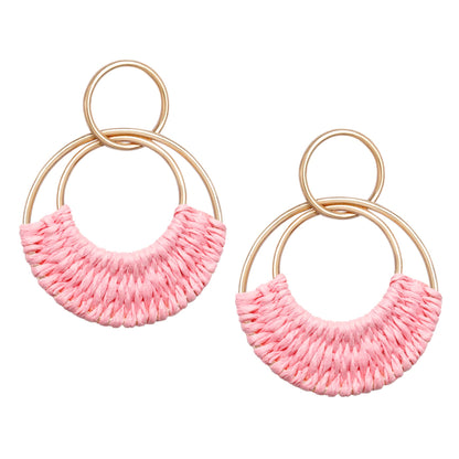 Raffia Hoop Earrings for Women Fun Boho Summer Beach Earrings Lightweight Handmade Straw Wicker Rattan Dangle Earrings Statement Geometric Round Drop Earrings