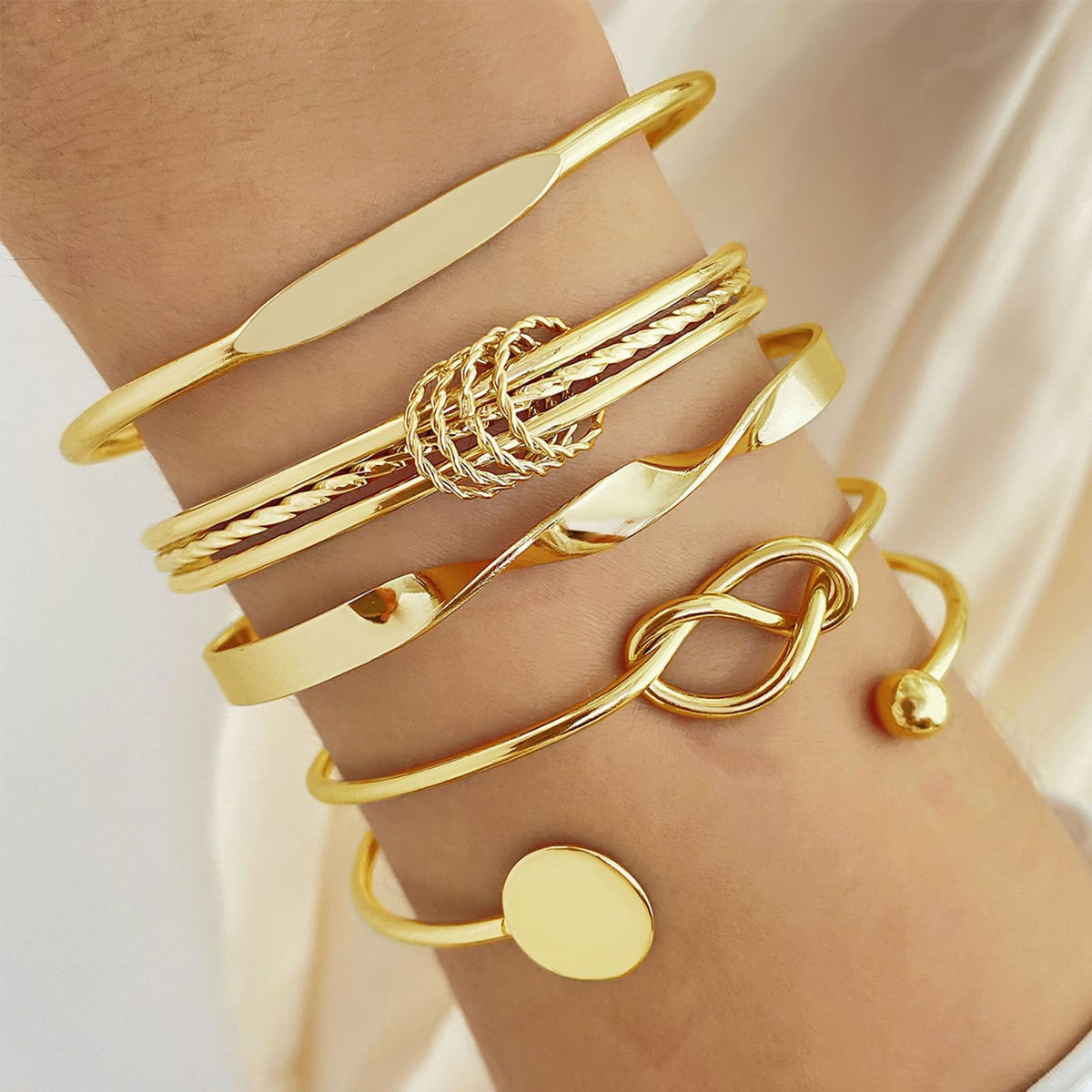 IFKM Gold Bangle Bracelets For Women, 14k Gold Plated Multi Layer Stackable Cuff Bracelet Set, Trendy Elegance Charms Non Tarnish Minimalist Textured Boho Jewelry Gift for Women