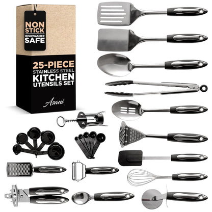 Asani 25-Piece Stainless Steel Kitchen Utensil Set | Non-Stick Cooking Gadgets and Tools Kit | Durable Dishwasher-Safe Cookware Set | Kitchenware Gift Idea, Best New Apartment Essentials