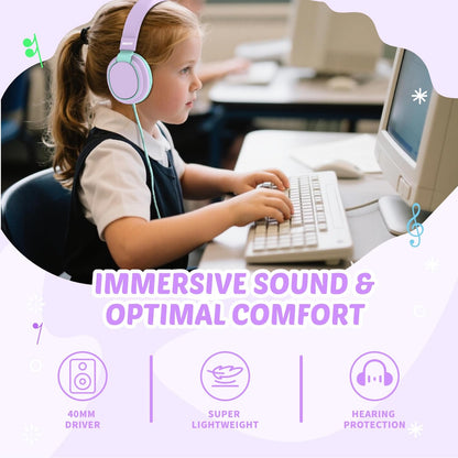 Kids Headphones Volume Limited 85/94dB - Wired Over-Ear Foldable Headset with Microphone Pink