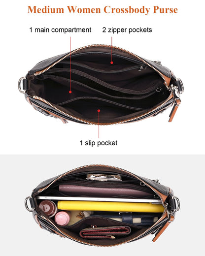 Over Earth Soft Genuine Leather Crossbody Bags for Women Medium Shoulder Purses Hobo Handbags with Multi Pockets