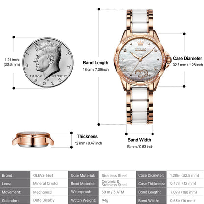 OLEVS Womens Automatic Watch, Premium Large Face Diamond Accented Self Winding Watches for Women, Fashion Waterproof Ladies Dress Watch, Two Tone Stainless Steel Ceramic Bracelet