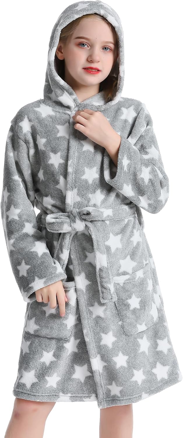 Girls Hooded Fleece Bathrobe - Soft Plush Warm Robe for Kids 3-14 Years