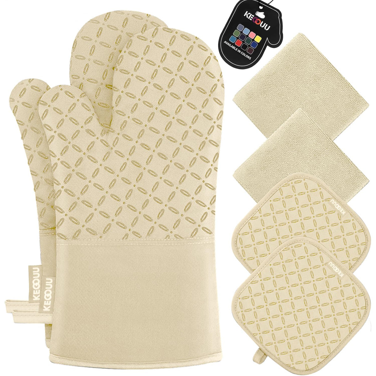 KEGOUU Oven Mitts and Pot Holders 6pcs Set, Kitchen Oven Glove High Heat Resistant 500 Degree Extra Long Oven Mitts and Potholder with Non-Slip Silicone Surface for Cooking (Gray)