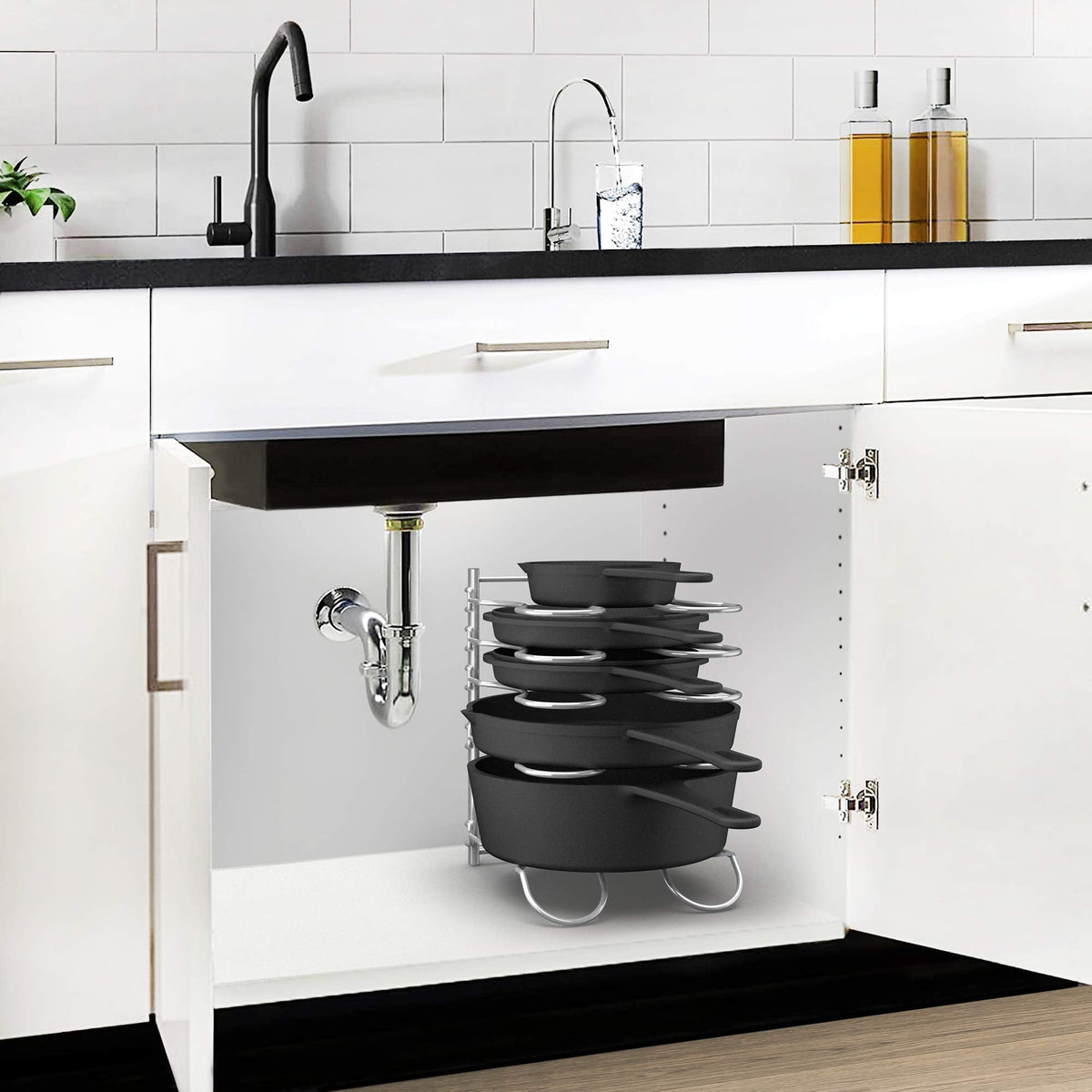 CAXXA Heavy Duty Pan Rack, Pot Lid Rack, Kitchen Cabinet Pantry Cookware Organizer Rack Holder with 5 Adjustable Dividers, Chrome
