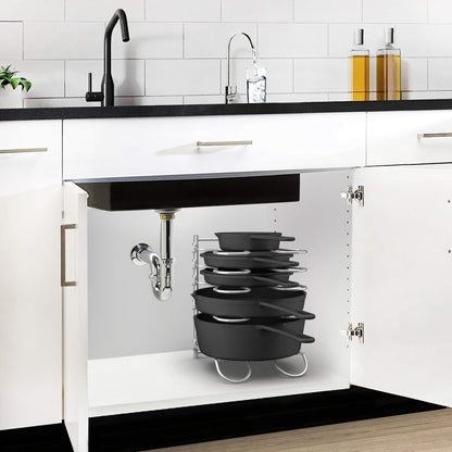 CAXXA Heavy Duty Pan Rack, Pot Lid Rack, Kitchen Cabinet Pantry Cookware Organizer Rack Holder with 5 Adjustable Dividers, Chrome