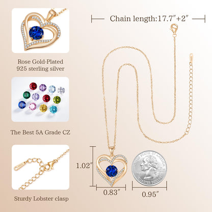 Personalized Double Heart Birthstone Necklace for Women – Sterling Silver Gift