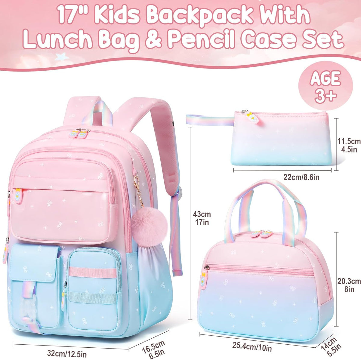 Girls School Backpack Set 3-Piece - Waterproof Kids Backpack with Lunch Box